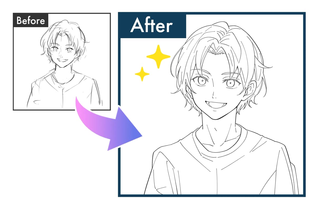 線画・ペン入れAIのビフォーアフター - ラフ線から自然な美しい線画への変換例
